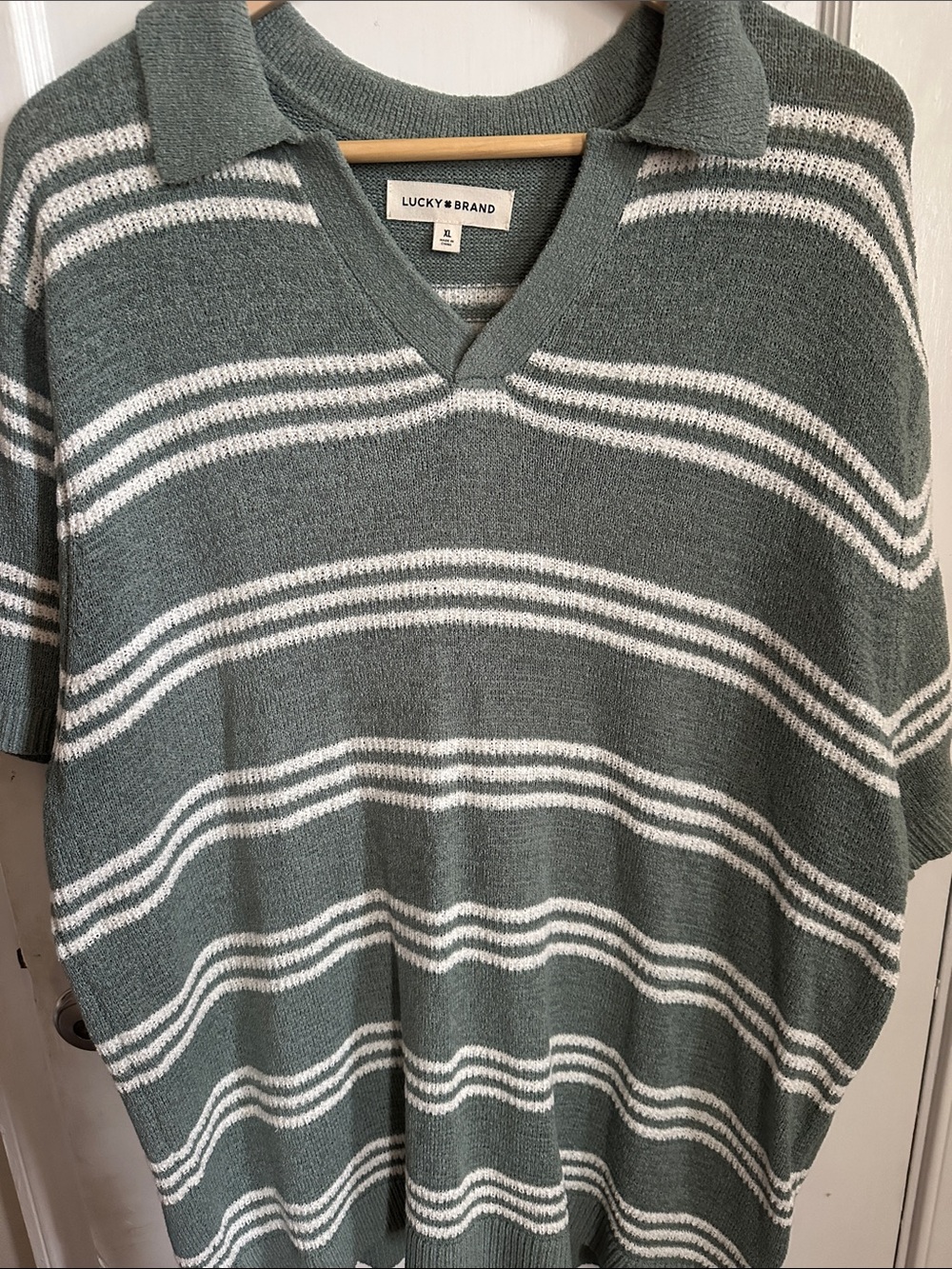 Lucky Brand Sage Green and White Striped Collared Knit Top